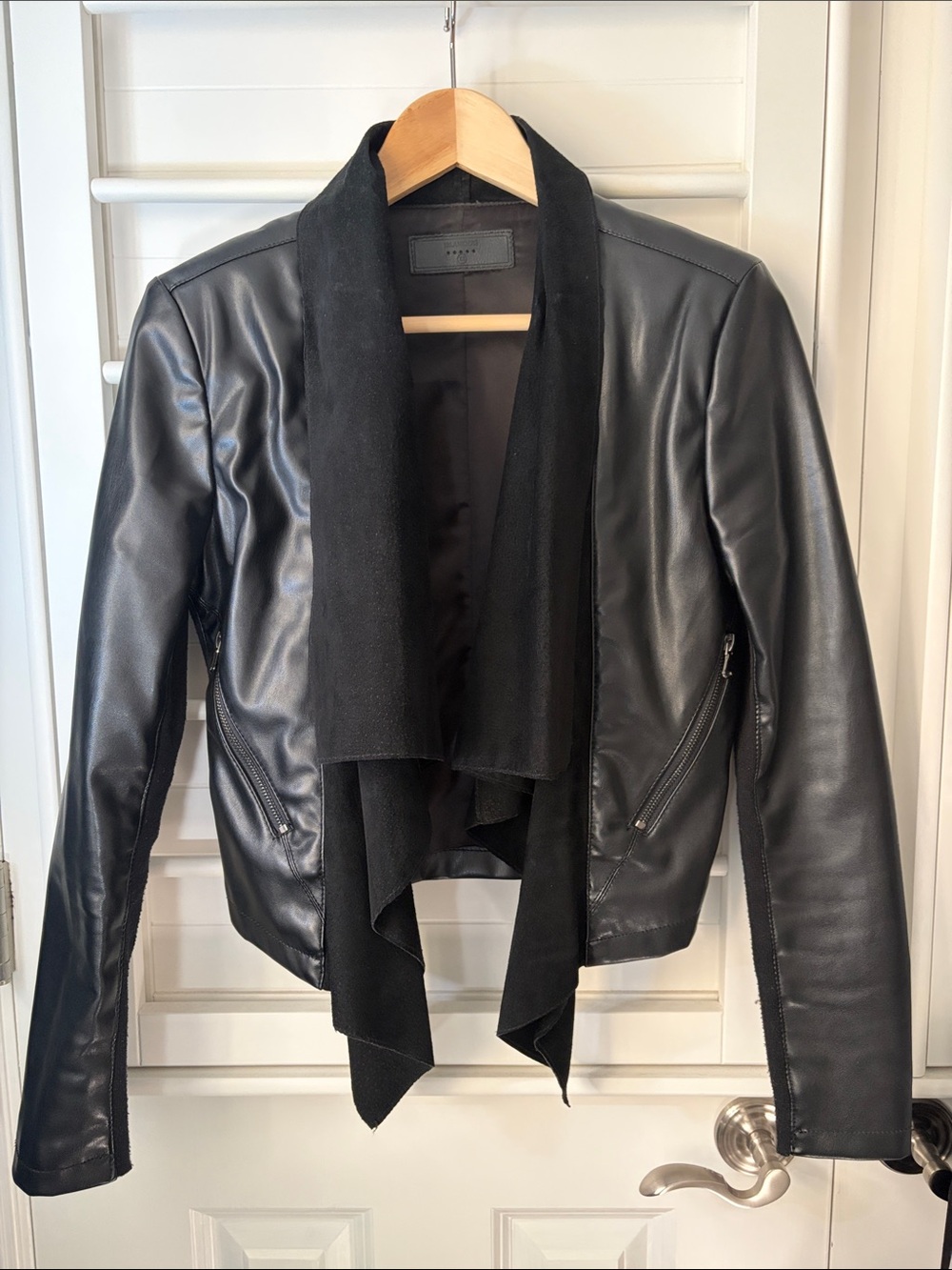 Blank NYC Black Leather Draped Open-Front Jacket